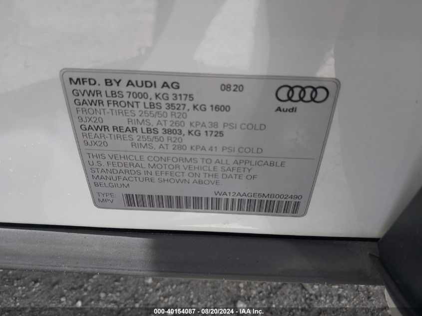 2021 Audi E-Tron Sportback Premium Plus VIN: WA12AAGE5MB002490 Lot: 40154087