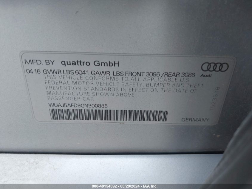 WUAJ5AFD9GN900885 2016 Audi S8 Plus Quattro