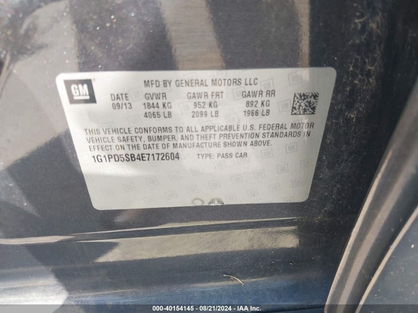 2014 Chevrolet Cruze Lt VIN: 1G1PD5SB4E7172604 Lot: 40154145