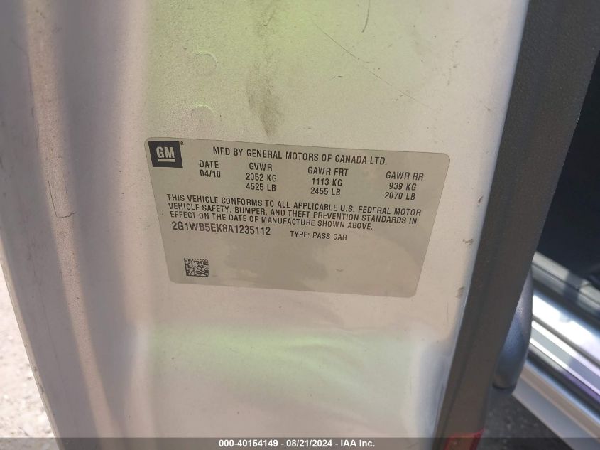 2010 Chevrolet Impala Lt VIN: 2G1WB5EK8A1235112 Lot: 40154149