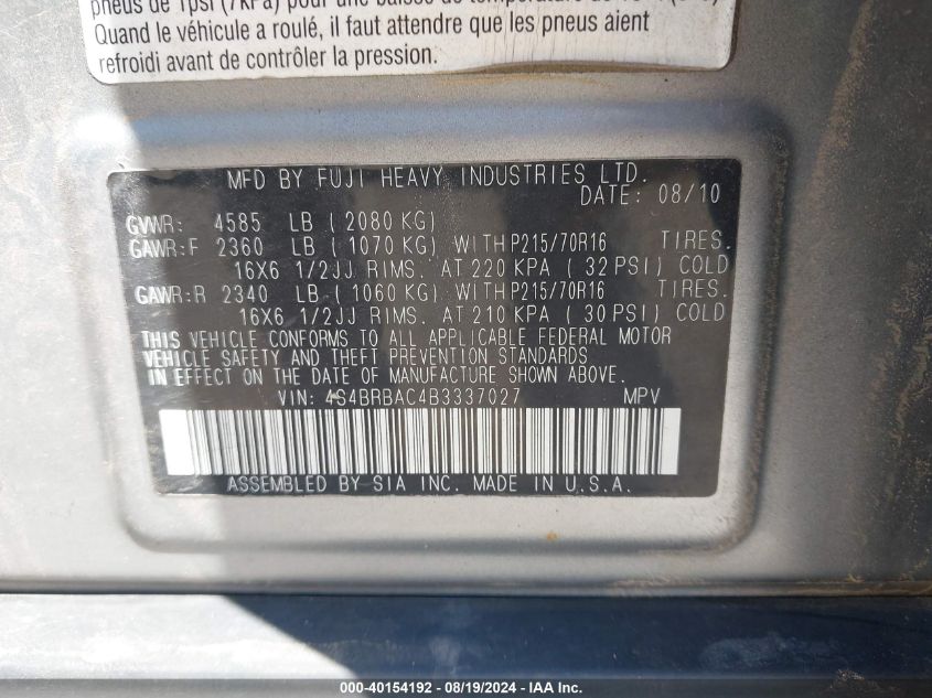 2011 Subaru Outback 2.5I VIN: 4S4BRBAC4B3337027 Lot: 40154192