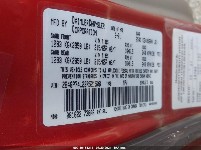 2002 Dodge Caravan Ex VIN: 2B4GP74L22R521508 Lot: 40154214
