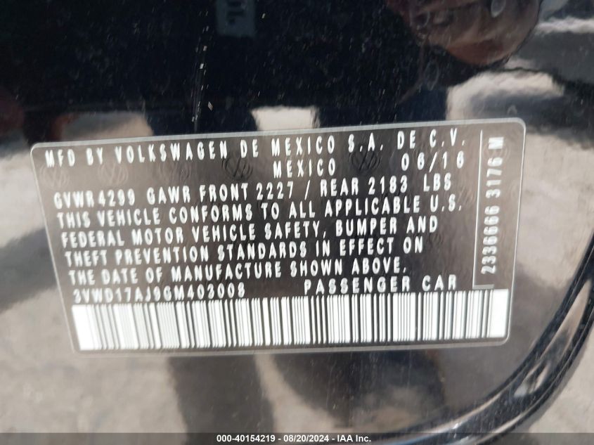 2016 Volkswagen Jetta 1.8T Sport VIN: 3VWD17AJ9GM403008 Lot: 40154219