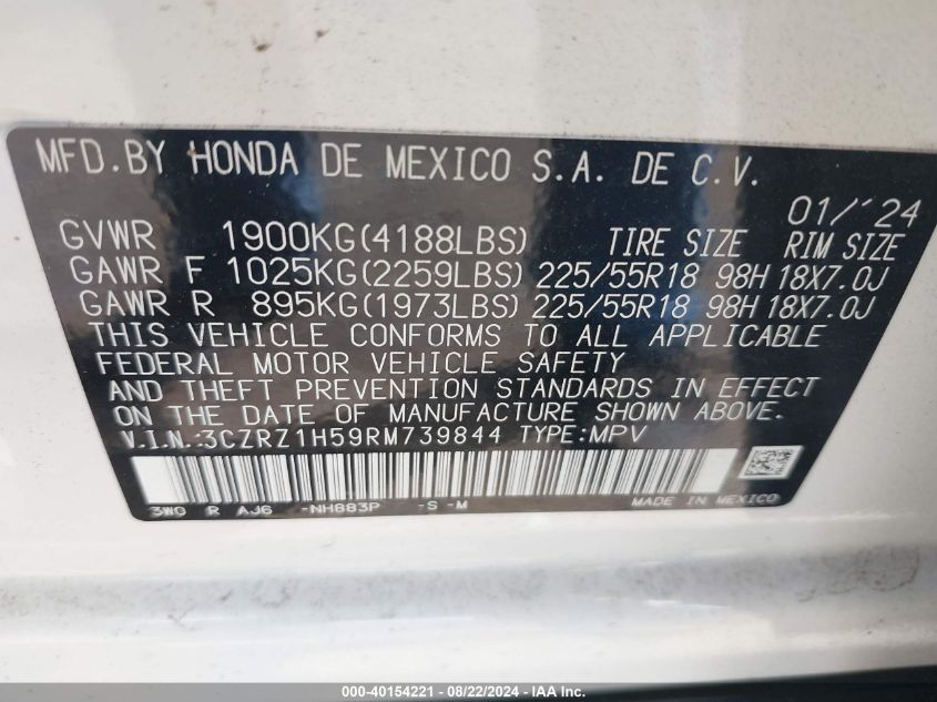 2024 Honda Hr-V 2Wd Sport/2Wd Sport W/O Bsi VIN: 3CZRZ1H59RM739844 Lot: 40154221