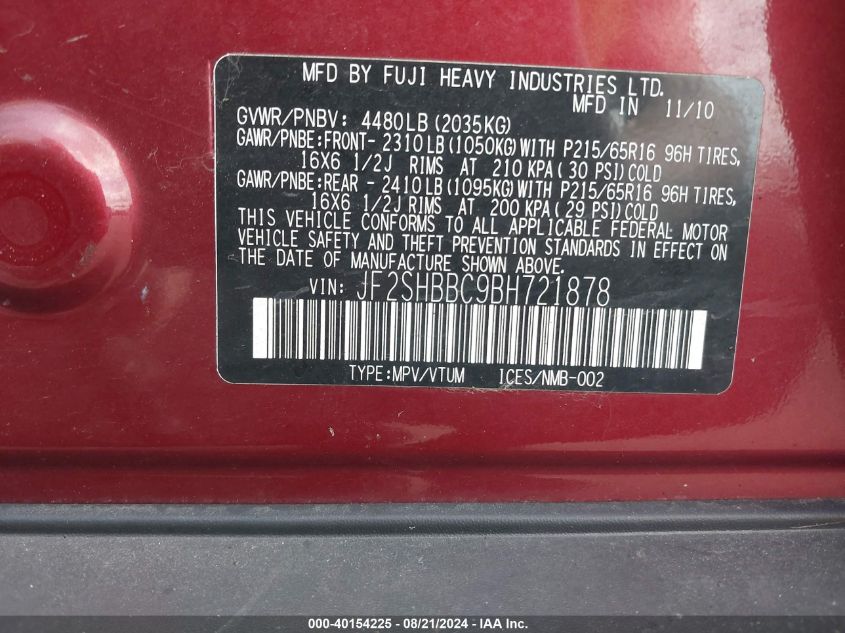 2011 Subaru Forester 2.5X VIN: JF2SHBBC9BH721878 Lot: 40154225