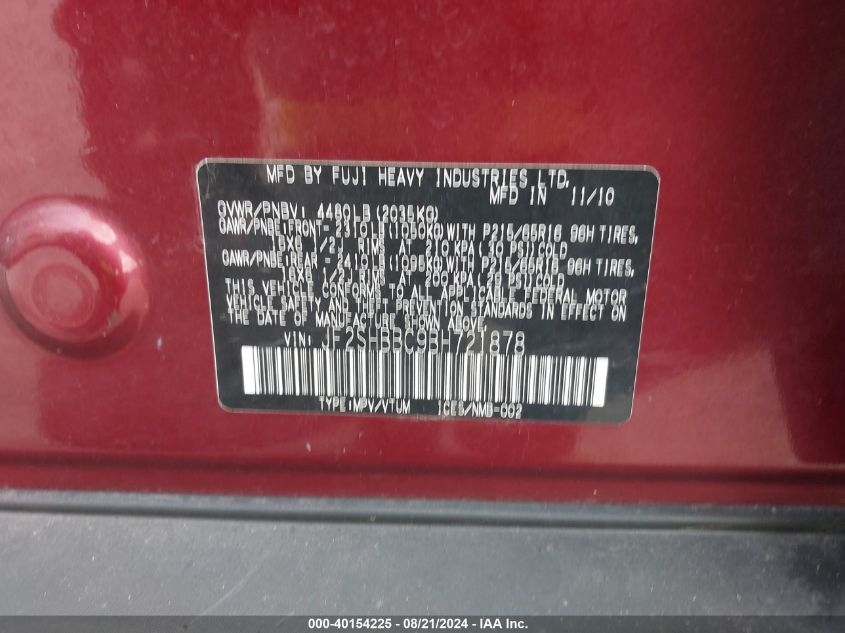 2011 Subaru Forester 2.5X VIN: JF2SHBBC9BH721878 Lot: 40154225