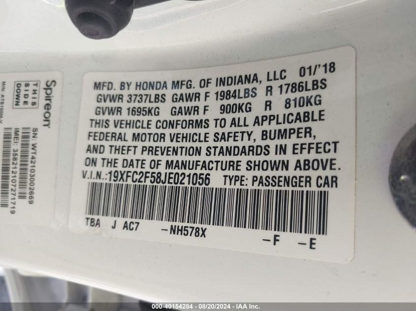 2018 Honda Civic Lx VIN: 19XFC2F58JE021056 Lot: 40154284