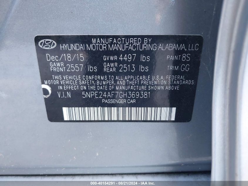 2016 Hyundai Sonata Se VIN: 5NPE24AF7GH369381 Lot: 40154291