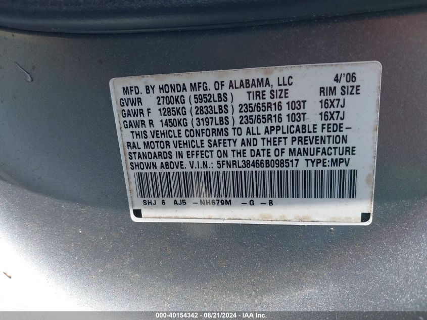 2006 Honda Odyssey Ex VIN: 5FNRL38466B098517 Lot: 40154342