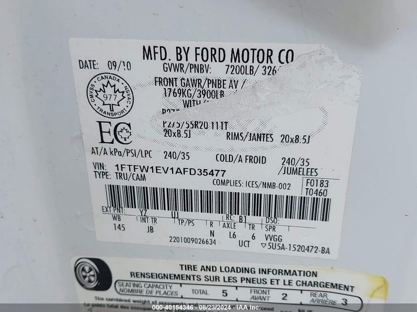 2010 Ford F-150 Fx4/Harley-Davidson/King Ranch/Lariat/Platinum/Xl/Xlt VIN: 1FTFW1EV1AFD35477 Lot: 40154346
