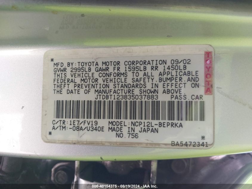 2003 Toyota Echo VIN: JTDBT123835037883 Lot: 40154375