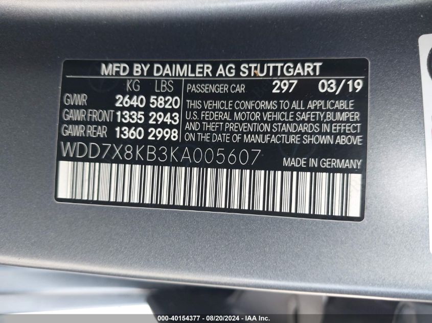 2019 Mercedes-Benz Amg Gt 63 4-Door Coupe S VIN: WDD7X8KB3KA005607 Lot: 40154377