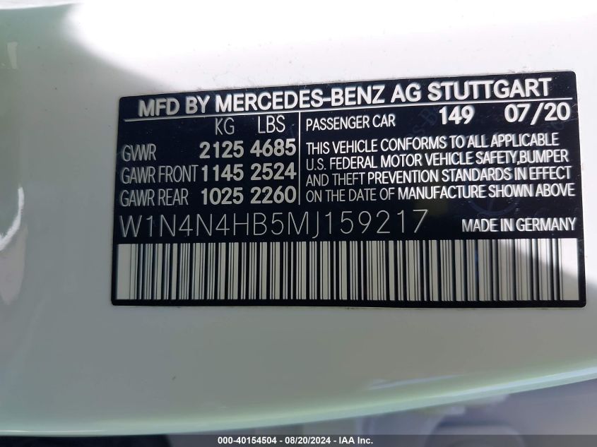 2021 Mercedes-Benz Gla 250 4Matic VIN: W1N4N4HB5MJ159217 Lot: 40154504