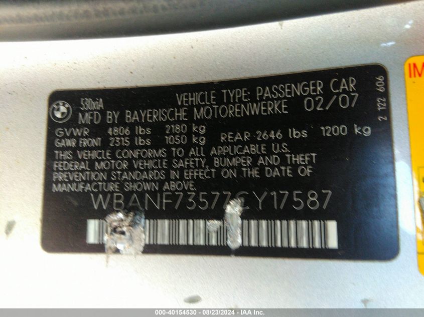 2007 BMW 530Xi VIN: WBANF73577CY17587 Lot: 40154530
