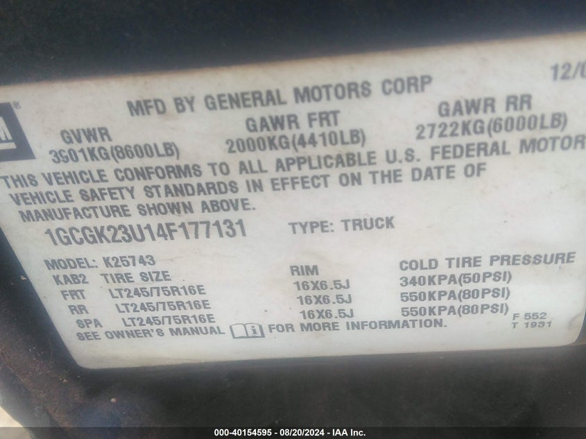 2004 Chevrolet Silverado 2500 Ls VIN: 1GCGK23U14F177131 Lot: 40154595