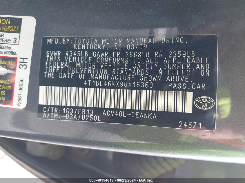 2009 Toyota Camry Le VIN: 4T1BE46KX9U416360 Lot: 40154619