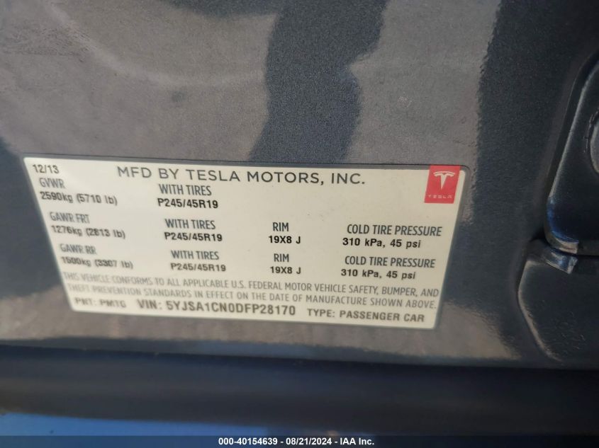 2013 Tesla Model S VIN: 5YJSA1CN0DFP28170 Lot: 40154639