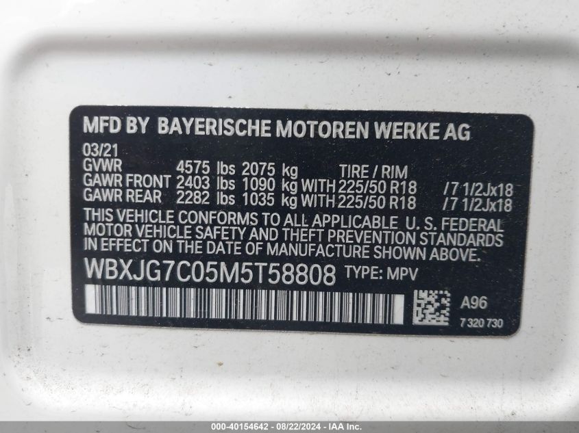 2021 BMW X1 Sdrive28I VIN: WBXJG7C05M5T58808 Lot: 40154642