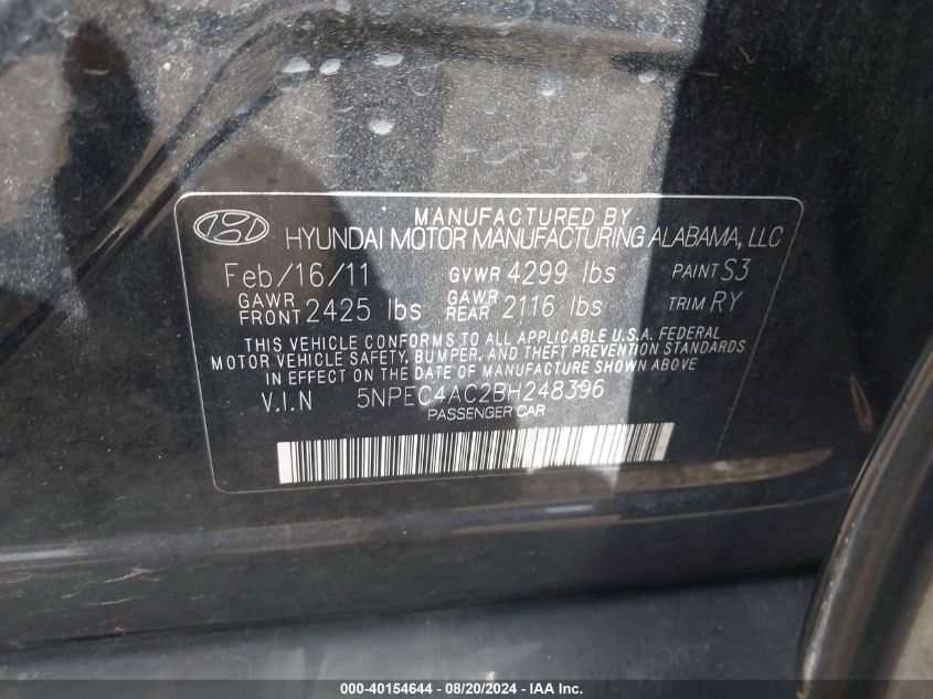 2011 Hyundai Sonata Se/Limited VIN: 5NPEC4AC2BH248396 Lot: 40154644