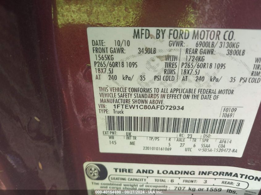 1FTEW1C80AFD72934 2010 Ford F-150 Fx2 Sport/Xl/Xlt