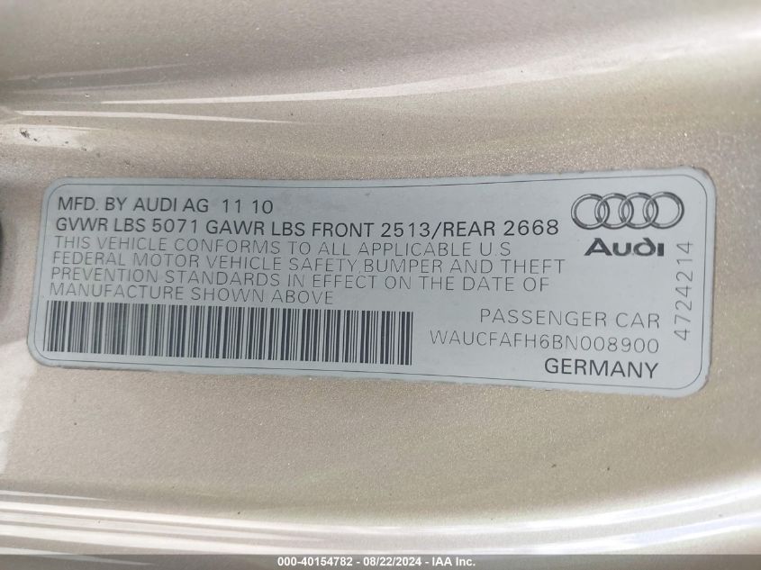 WAUCFAFH6BN008900 2011 Audi A5 2.0T Premium