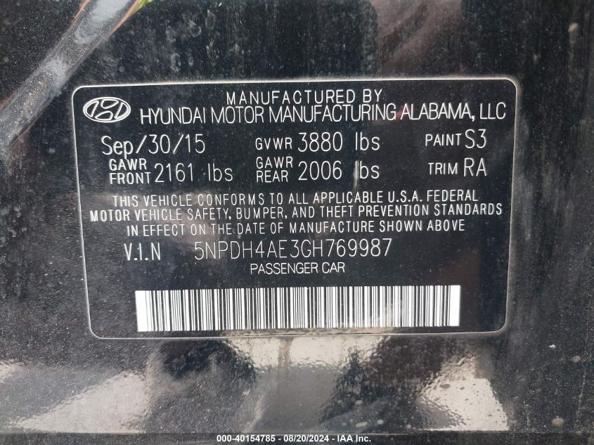 2016 Hyundai Elantra Se VIN: 5NPDH4AE3GH769987 Lot: 40154785