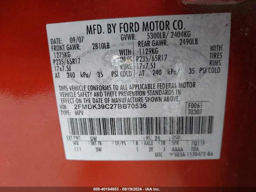 2FMDK39C27BB70536 2007 Ford Edge Sel Plus