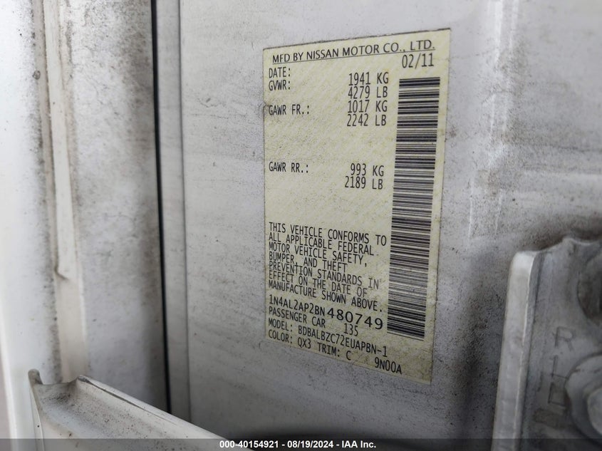 2011 Nissan Altima 2.5 S VIN: 1N4AL2AP2BN480749 Lot: 40154921