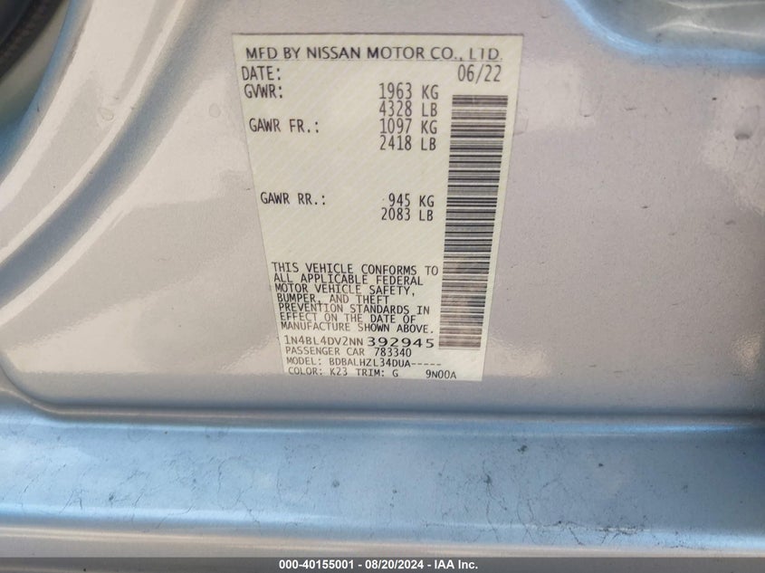 2022 Nissan Altima Sv VIN: 1N4BL4DV2NN392945 Lot: 40155001