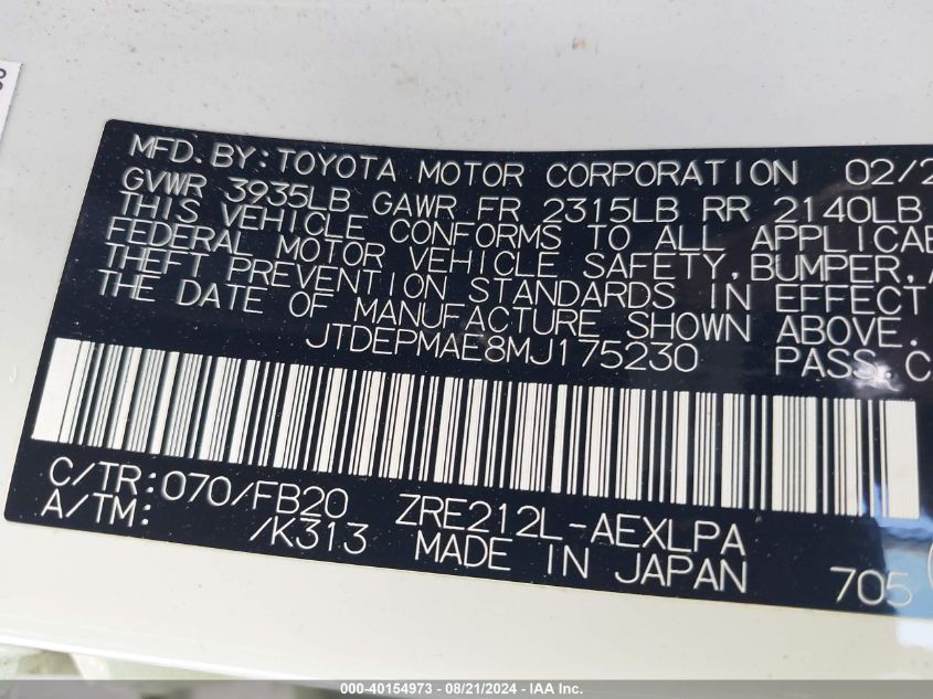 2021 TOYOTA COROLLA LE - JTDEPMAE8MJ175230