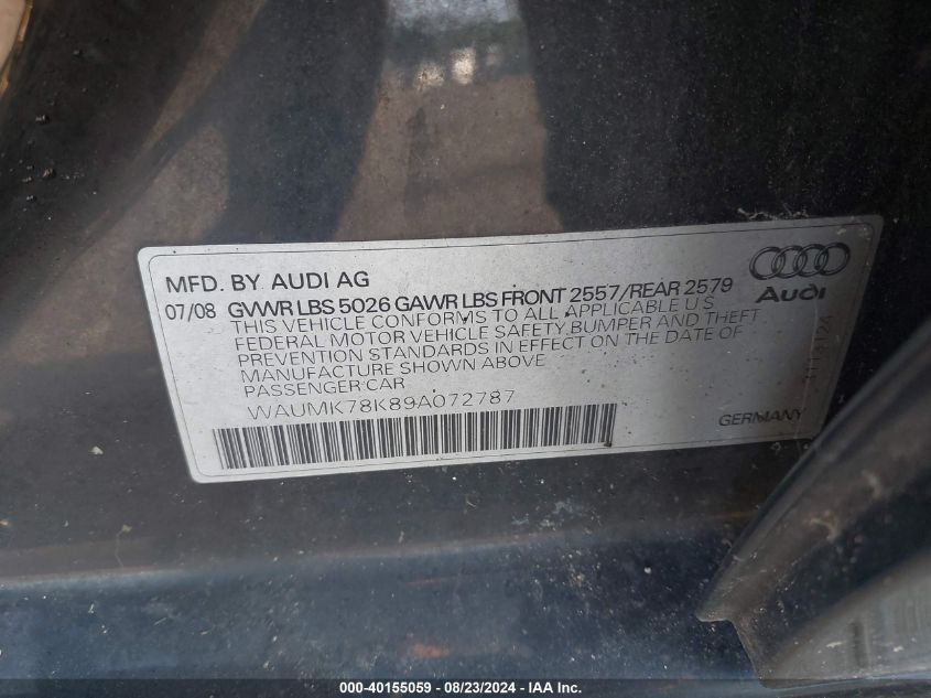 WAUMK78K89A072787 2009 Audi A4 3.2 Premium Plus