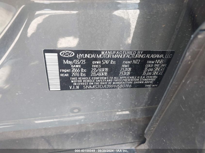 2023 Hyundai Santa Fe Sel VIN: 5NMS2DAJ9PH580196 Lot: 40155049