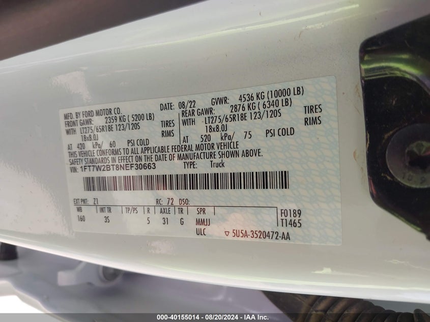 2022 Ford F-250 Xlt VIN: 1FT7W2BT8NEF30663 Lot: 40155014