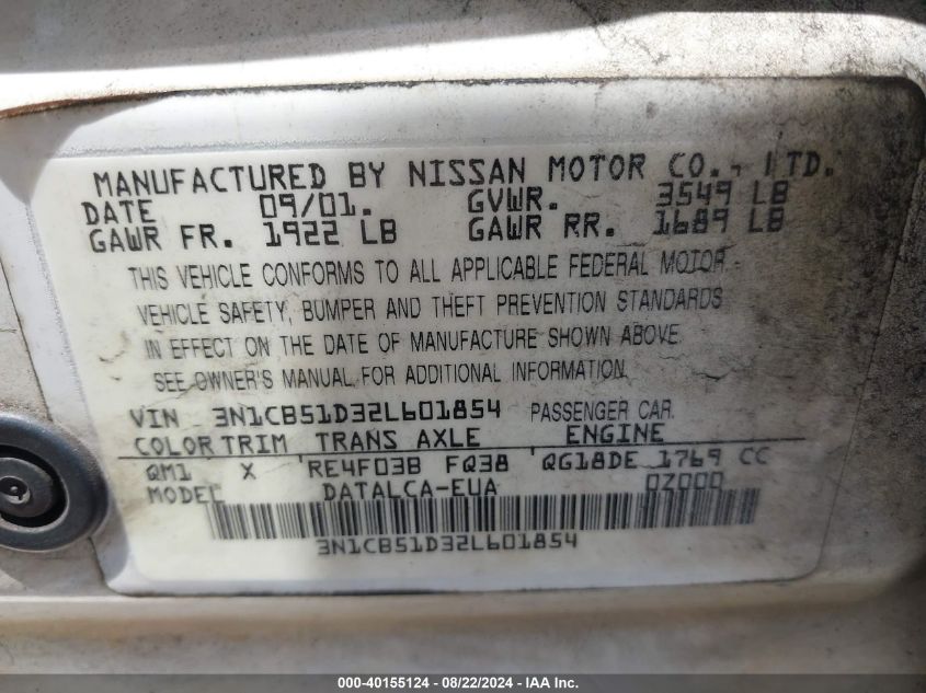 2002 Nissan Sentra Xe VIN: 3N1CB51D32L601854 Lot: 40155124