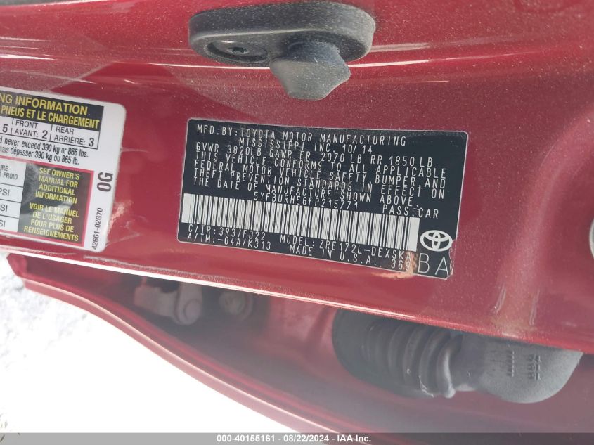 2015 TOYOTA COROLLA VIN: 5YFBURHE6FP215771