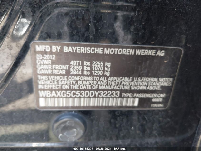 2013 BMW 528I VIN: WBAXG5C53DDY32233 Lot: 40155208