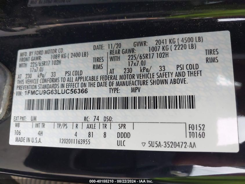 2020 FORD ESCAPE SE - 1FMCU9G63LUC56366