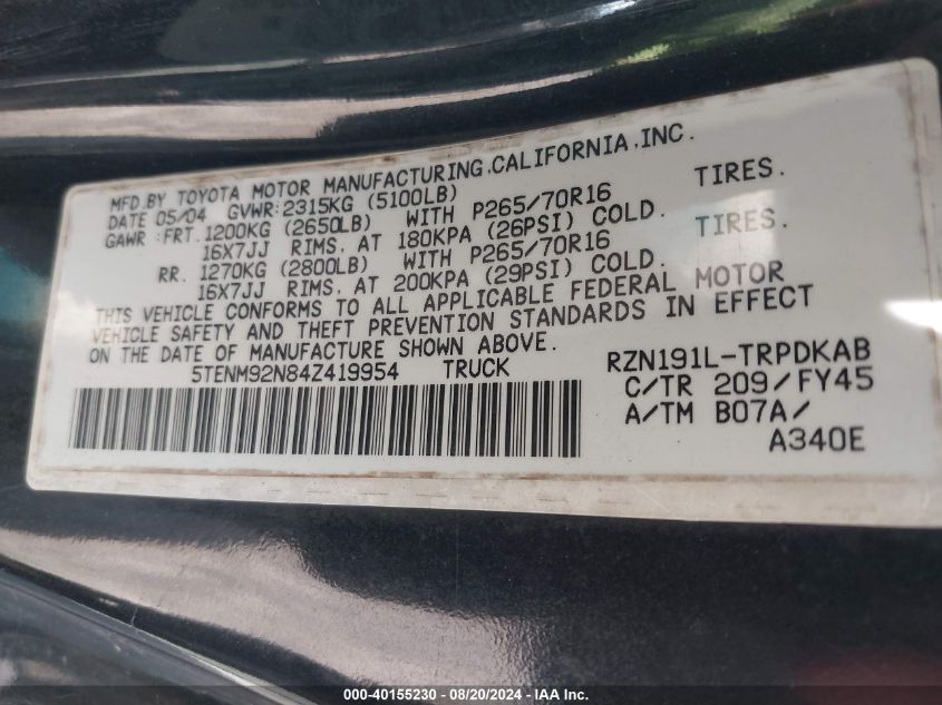 2004 Toyota Tacoma Prerunner VIN: 5TENM92N84Z419954 Lot: 40155230