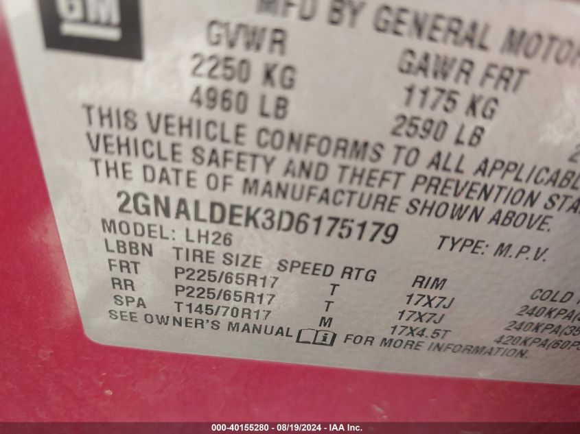 2013 Chevrolet Equinox 1Lt VIN: 2GNALDEK3D6175179 Lot: 40155280