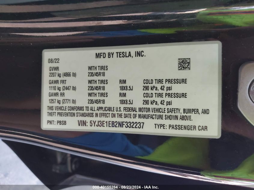 2022 Tesla Model 3 Long Range Dual Motor All-Wheel Drive VIN: 5YJ3E1EB2NF332237 Lot: 40155284