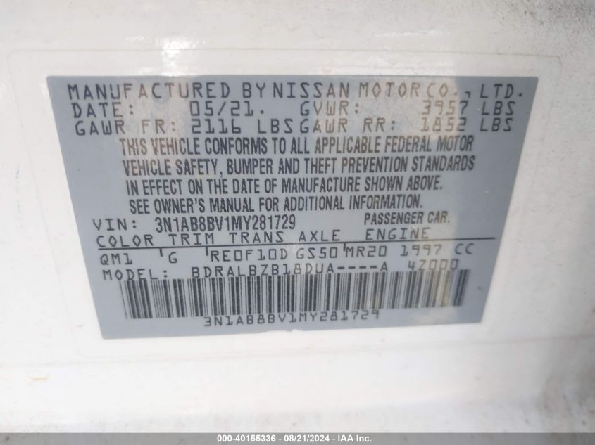 2021 Nissan Sentra S Xtronic Cvt VIN: 3N1AB8BV1MY281729 Lot: 40155336