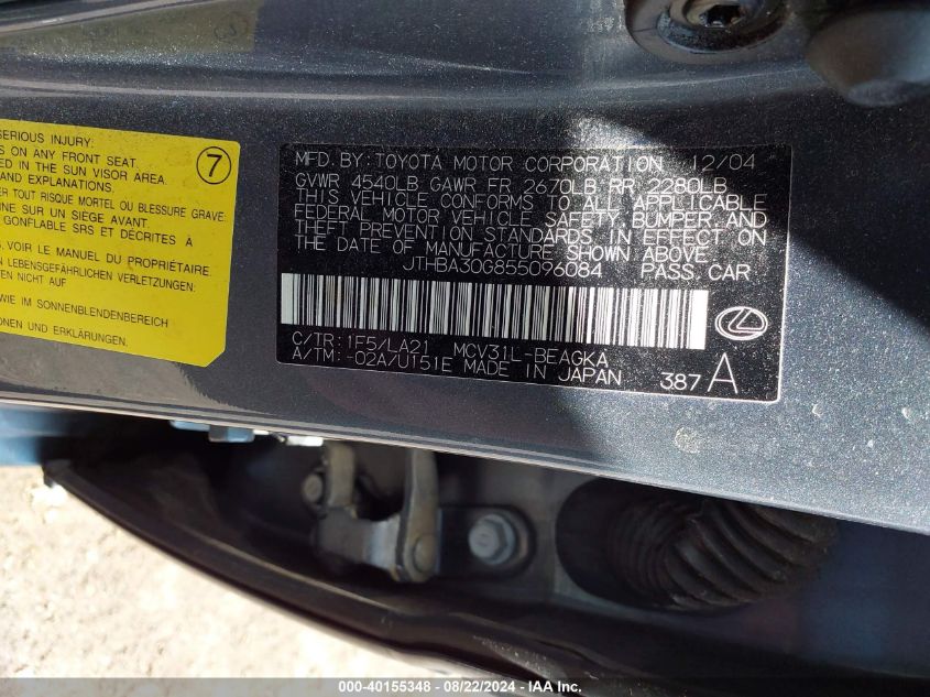 2005 Lexus Es 330 VIN: JTHBA30G855096084 Lot: 40155348