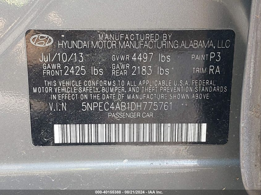 2013 Hyundai Sonata Se 2.0T VIN: 5NPEC4AB1DH775761 Lot: 40155388