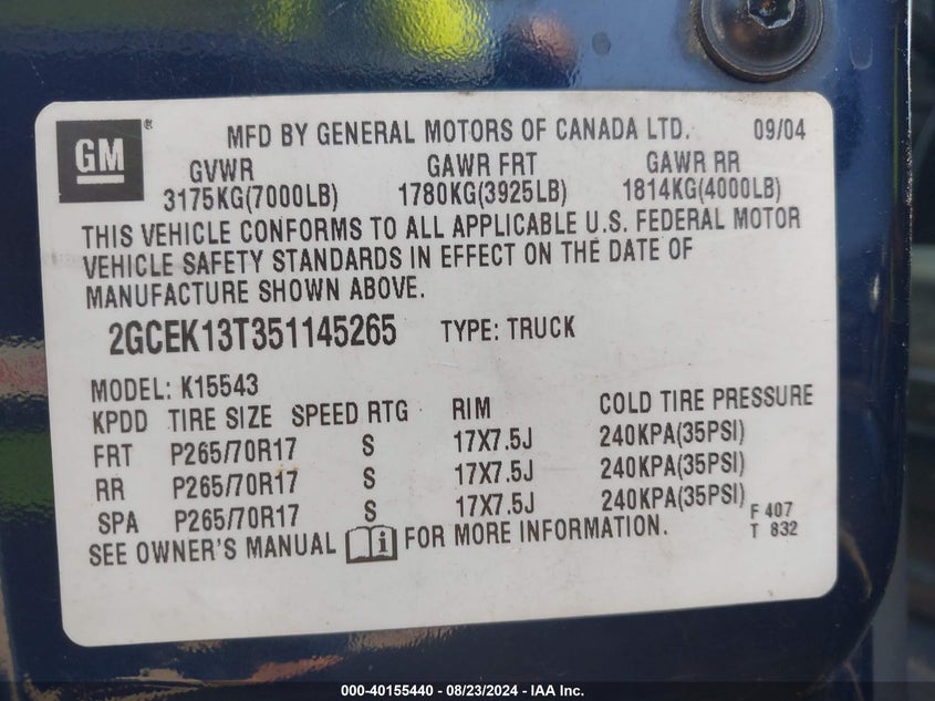 2005 Chevrolet Silverado 1500 Z71 VIN: 2GCEK13T351145265 Lot: 40155440