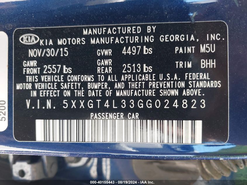 2016 Kia Optima Lx VIN: 5XXGT4L33GG024823 Lot: 40155443