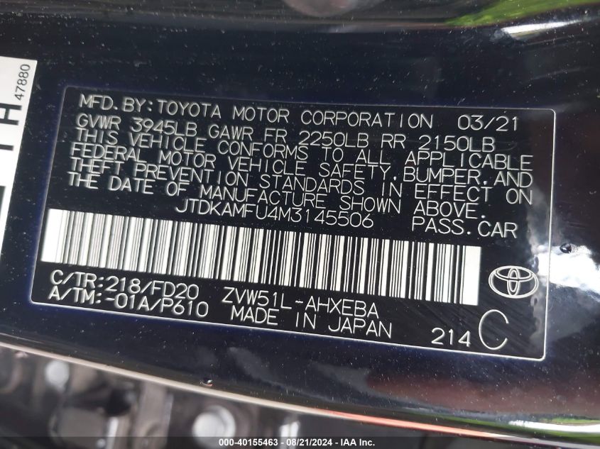 2021 Toyota Prius Le VIN: JTDKAMFU4M3145506 Lot: 40155463