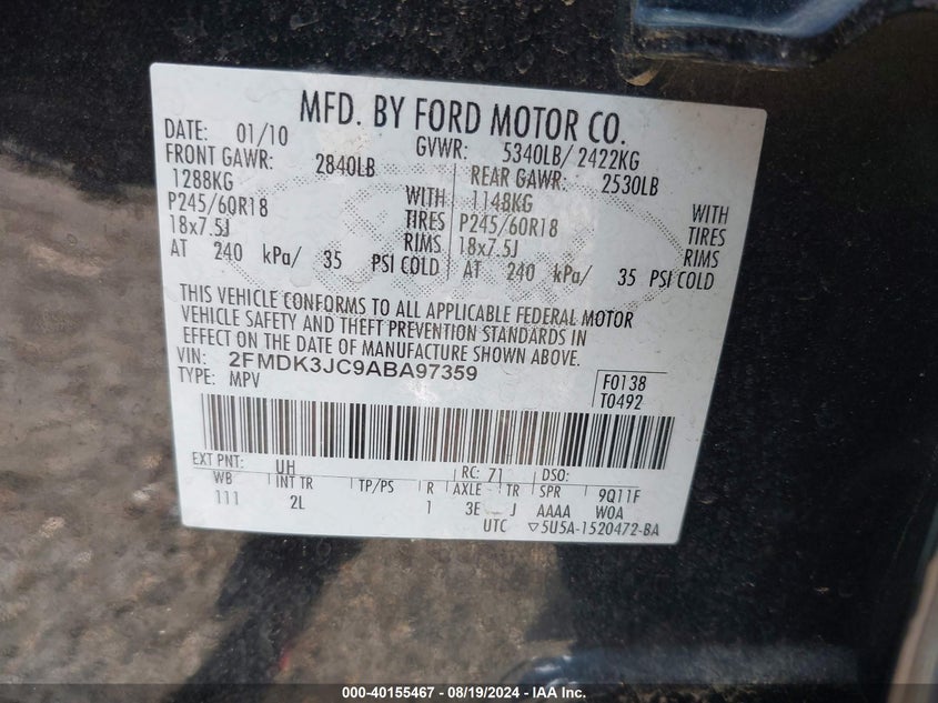 2010 Ford Edge Sel VIN: 2FMDK3JC9ABA97359 Lot: 40155467