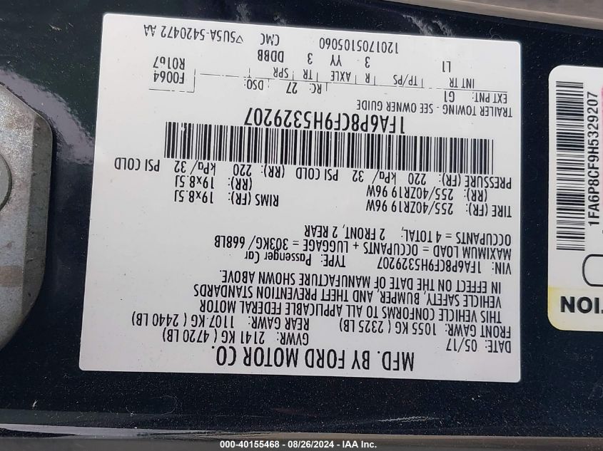 2017 Ford Mustang Gt Premium VIN: 1FA6P8CF9H5329207 Lot: 40155468