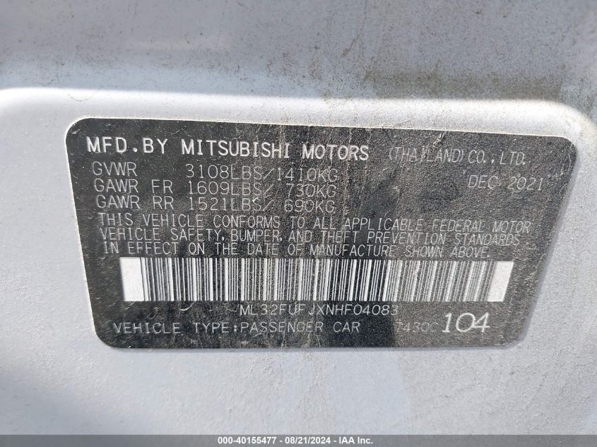 2022 Mitsubishi Mirage G4 Es VIN: ML32FUFJXNHF04083 Lot: 40155477