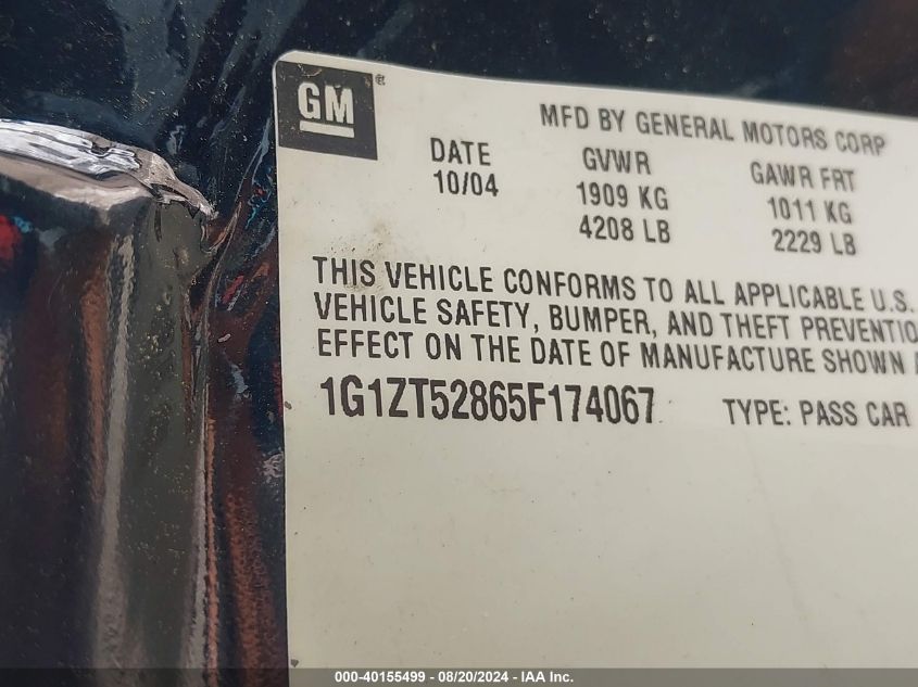 2005 Chevrolet Malibu Ls VIN: 1G1ZT52865F174067 Lot: 40155499